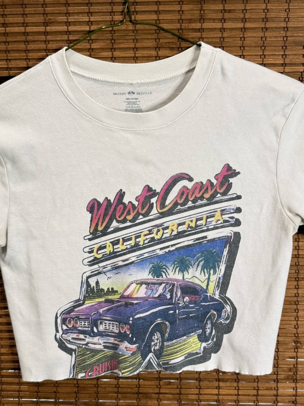 Brandy Melville White West Coast Retro Car Graphic Crop Tee